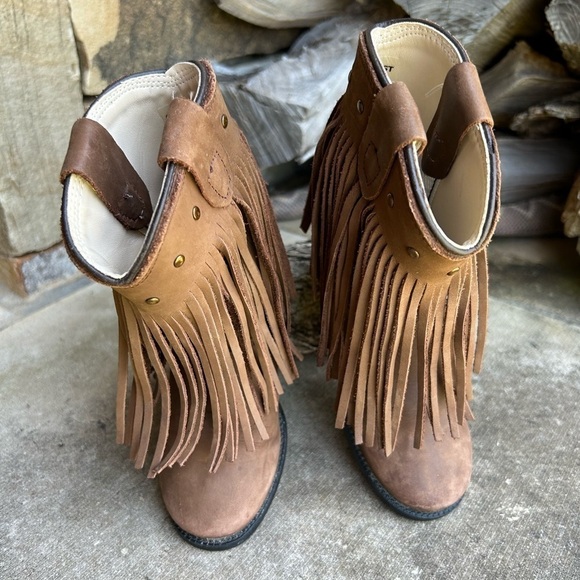 Old West leather round toe western brown fringe kids boots Sz-7.0D.   J - Picture 2 of 11